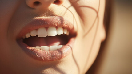 closeup of young adult woman, lips, mouth slightly open, white teeth, full lips, youthful beauty. Generative AI