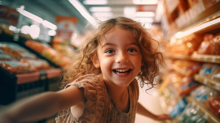 child makes fun nonsense and jokes in the supermarket, on the way shopping with the family, playing hide and seek between the product shelves, toddler girl. Generative AI