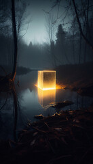 Mystical glowing neon creepy cube or portal over water or lake in the forest, AI generated