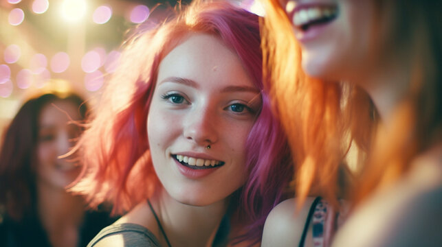 young teenage girls at a party or concert or festival, happy contented smile. Generative AI