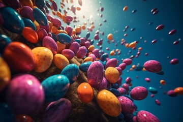 Vibrant Easter eggs in flight. Generative AI