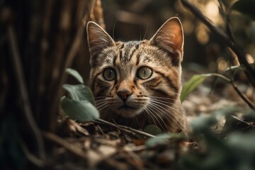 Naklejka na ściany i meble A close-up of a young feline playing amidst the trees. Generative AI