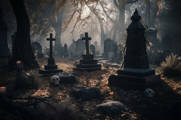 A spooky graveyard scene with Halloween decor and ghosts lurking among the tombstones. Generative AI