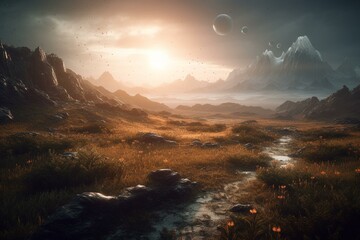 Stunning extraterrestrial terrain at sunrise with planets in procession. Imaginative 3D world rendering. Generative AI