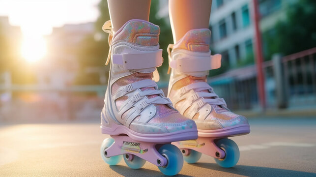 girl on children's inline skates outside in a square or schoolyard, sunny day, pink roller skates, ground view. Generative AI
