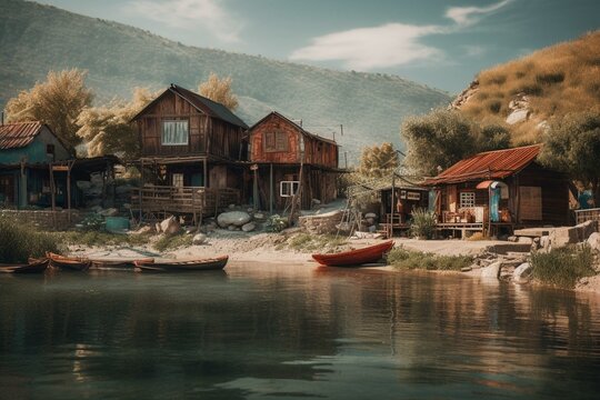 A lakeside rural settlement with a painted background. Generative AI