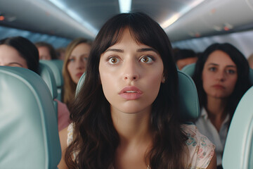 young woman is claustrophobic in narrow plane seat or train seat, comfortable vertical and narrow and narrow seat. Generative AI