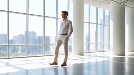 Fototapeta premium Wealth and prosperity, adult male wearing comfortable plain shirt with open buttons in luxurious large empty office or penthouse suite. Generative AI