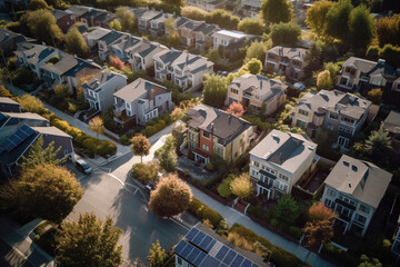 Fancy neighborhood with houses with solar panels drone view. Ai generated