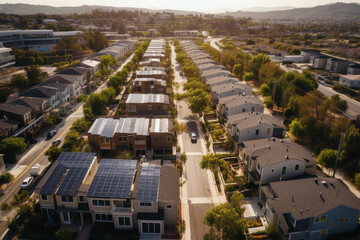 Obraz premium Fancy neighborhood with houses with solar panels drone view. Ai generated