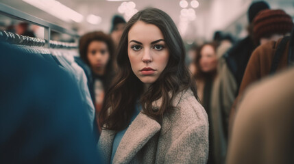 Fototapeta premium young adult woman shopping in clothing store, wearing a winter coat, crowd and long queue , crowd shopping in narrow store. Generative AI