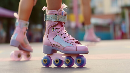 Teenage girl or child on roller skates inline skates. Generative AI - obrazy, fototapety, plakaty