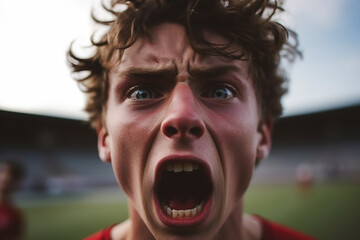 angry boy, kid in soccer stadium on soccer field, upset and dramatic anger and incomprehension, commanding, team captain, teenage boy. Generative AI