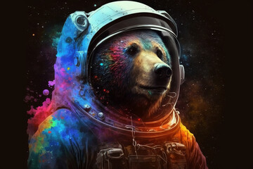 Colorful bear dressed in an astronaut or cosmonaut suit. Ai generated