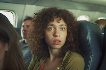 Fototapeta na wymiar young adult woman sitting in airplane and having problem or worries. Generative AI