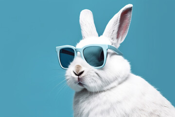 Fototapeta na wymiar Cool white rabbit with sun glasses against a blue background. Ai generated