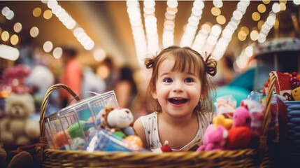 toddler with toys, kid girl in toy store, toy store full of toys and festive lights, big joyful eyes, joy and fun