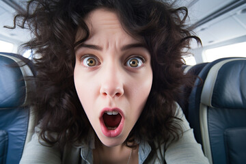 young adult woman is shocked or insane, alone on plane, middle of aisle with big wide eyes and mouth open, fictional reason - obrazy, fototapety, plakaty