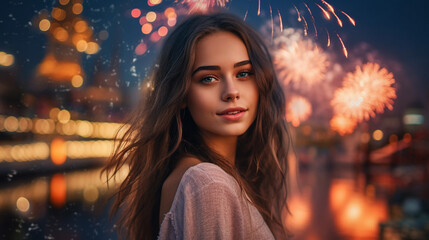 young adult woman in the night on new year's eve, new year, new year's eve fireworks in the sky in a city by the water