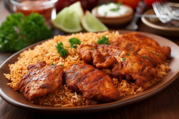 Fototapeta premium Plate of delicious chicken biryani. Ai generated