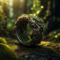 Giant Surreal Elemental Ring made of gold and moss in a lush wooded forest made with Generative AI