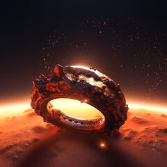Giant Surreal Elemental Ring made of metal on an red alien planet made with Generative AI