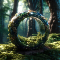 Giant Surreal Elemental Ring made of metal and moss and glass in a lush wooded forest made with Generative AI