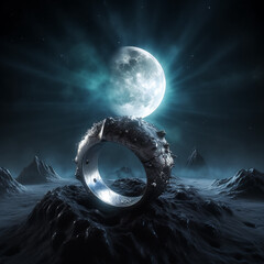 Giant Surreal Metal Ring on a Dark Alien Planet with Moon in the Sky made with Generative AI