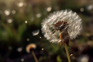 Green field full of beautiful dandelions. Ai generated