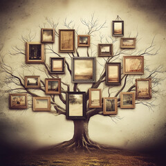 Ancient Family Tree with Picture Frames hanging from the branches made with Generative AI 