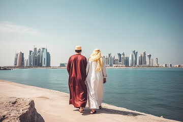 Qatar travel destination. Tourist couple on sunny day on sandy beach with beautiful landscape. Generative AI.