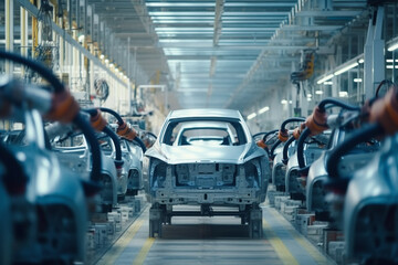 autonomous robot factory produces vehicles cars bodies in a big hall on long production line