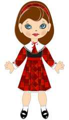 A girl, a schoolgirl in a red plaid dress. Cute doll. A beautiful girl. The figure of a man.
