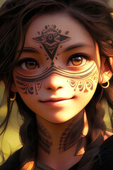 Cartoon illustration of a Tribal Girl with Brown Eyes and  face markings made with Generative AI 
