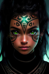 Cartoon illustration of a Tribal Girl with Green Eyes and  face markings made with Generative AI 