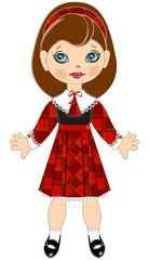 A girl, a schoolgirl in a red plaid dress. Cute doll. A beautiful girl. The figure of a man.