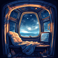 View of the sleeping quarters alcove on a Starship with a  view of an alien planet made with Generative AI 