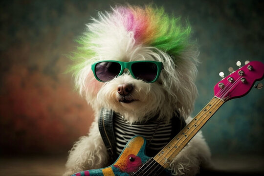 Funny punk rock colored dog with sunglasses. Ai generated