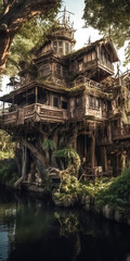 Multiple Story Treehouse by a river in a jungle made with Generative AI