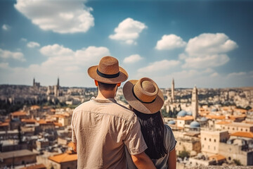 Naklejka premium Jerusalem travel destination. Tourist couple on sunny day in city beautiful urban landscape view. Generative AI.