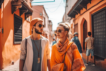 Marrakech travel destination. Tourist couple on sunny day in city beautiful urban landscape view. Generative AI.