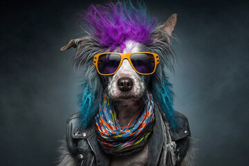 Funny punk rock colored dog with sunglasses. Ai generated