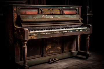 Grunge old dusty piano in an abandoned room. Ai generated