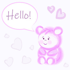 Purple teddy bear with speech bubble on soft background with hearts. Cartoon vector illustration for print, card, textile.