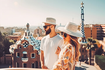 Barcelona travel destination. Tourist couple on sunny day in city beautiful urban landscape view. Generative AI.