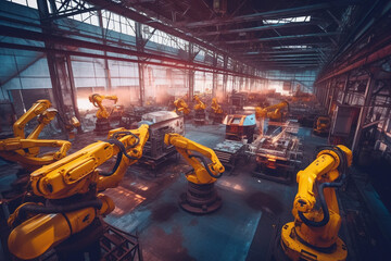 autonomous robot factory produces vehicles cars bodies in a big hall on long production line