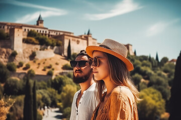 Naklejka premium Spain travel destination. Tourist couple on sunny day in city beautiful urban landscape view. Generative AI.