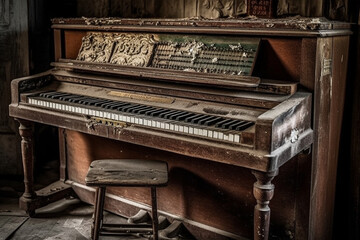 Fototapeta na wymiar Grunge old dusty piano in an abandoned room. Ai generated