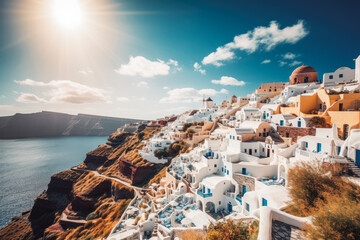 Santorini travel destination. Sunny day on the beach with beautiful view. Generative AI