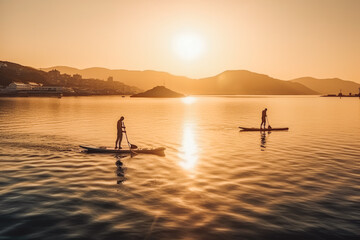 Fototapeta premium Men friends sail on sup boards in rays of rising sun. Sunrise over the sea with people on boards. Generative AI